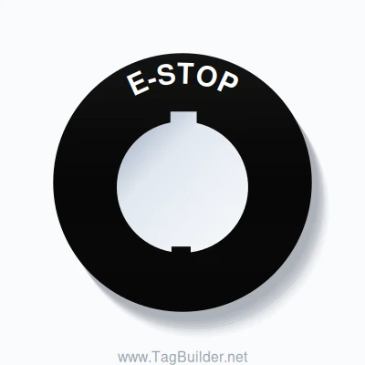 30mm Ring Tag – E-STOP, Single-Line 60mm Round, Schneider Electric Compatible, White on Black