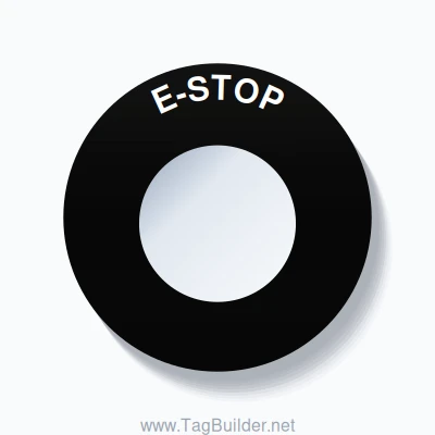 30mm Ring Tag – E-STOP, Single-Line 60mm Round, White on Black
