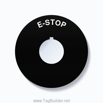 30mm Ring Tag – E-STOP, Single-Line 90mm Round, Allen-Bradley Compatible, White on Black