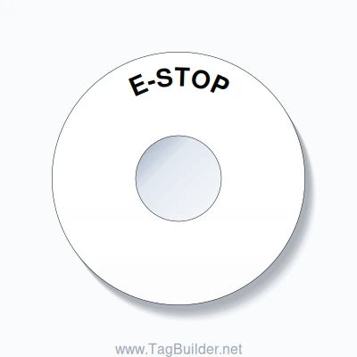 30mm Ring Tag – E-STOP, Single-Line 90mm Round, Black on White