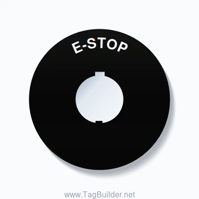 30mm Ring Tag – E-STOP, Single-Line 90mm Round, Schneider Electric Compatible, White on Black