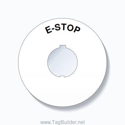 30mm Ring Tag – E-STOP, Single-Line 90mm Round, Schneider Electric Compatible, Black on White