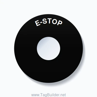 30mm Ring Tag – E-STOP, Single-Line 90mm Round, White on Black