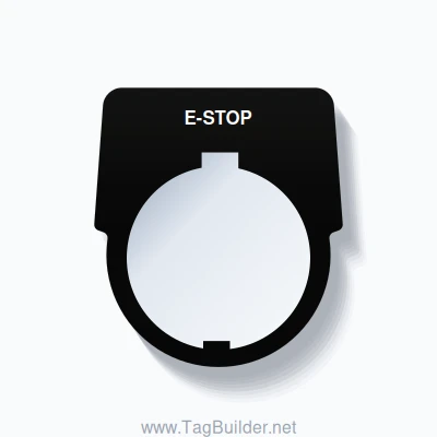 30mm Ring Tag – E-STOP, Two-Line Harmony 9001K, Schneider Electric Compatible, White on Black