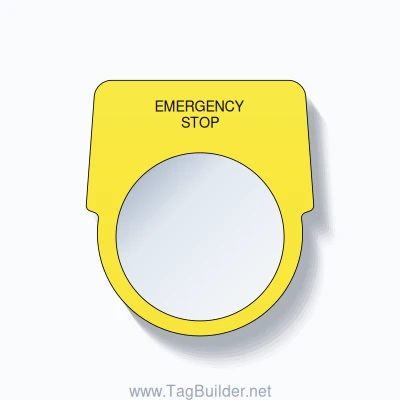 30mm Ring Tag – EMERGENCY STOP, Black on Yellow