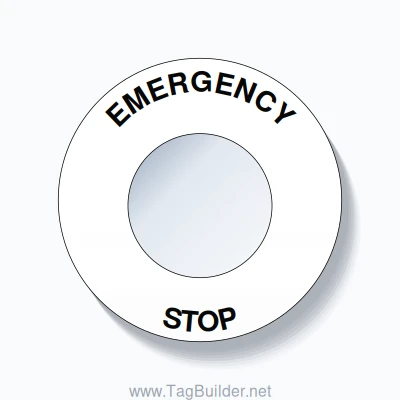 30mm Ring Tag – EMERGENCY STOP, Single-Line 60mm Round, Black on White