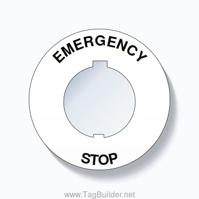 30mm Ring Tag – EMERGENCY STOP, Single-Line 60mm Round, Schneider Electric Compatible, Black on White
