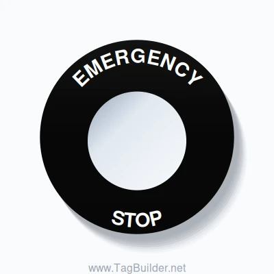 30mm Ring Tag – EMERGENCY STOP, Single-Line 60mm Round, White on Black