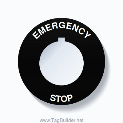 30mm Ring Tag – EMERGENCY STOP, Single-Line 60mm Round, Allen-Bradley Compatible, White on Black