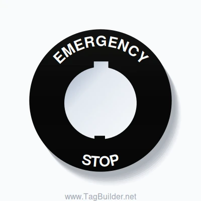 30mm Ring Tag – EMERGENCY STOP, Single-Line 60mm Round, Schneider Electric Compatible, White on Black