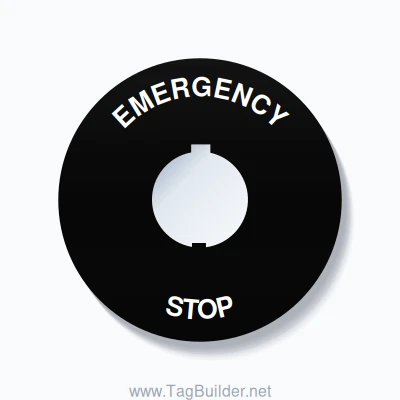 30mm Ring Tag – EMERGENCY STOP, Single-Line 90mm Round, Schneider Electric Compatible, White on Black