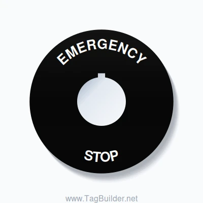 30mm Ring Tag – EMERGENCY STOP, Single-Line 90mm Round, Allen-Bradley Compatible, White on Black