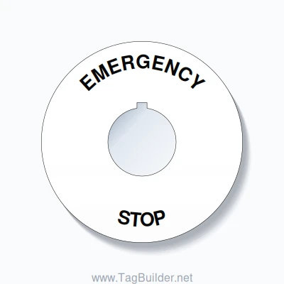30mm Ring Tag – EMERGENCY STOP, Single-Line 90mm Round, Allen-Bradley Compatible, Black on White