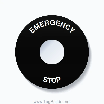 30mm Ring Tag – EMERGENCY STOP, Single-Line 90mm Round, White on Black