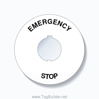 30mm Ring Tag – EMERGENCY STOP, Single-Line 90mm Round, Schneider Electric Compatible, Black on White