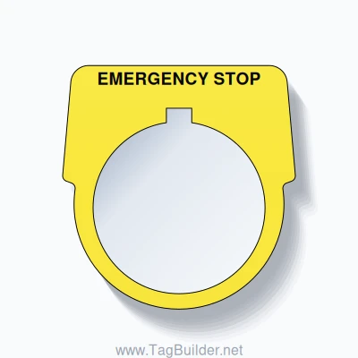 30mm Ring Tag – EMERGENCY STOP, Single-Line Harmony 9001K, Allen-Bradley Compatible, Black on Yellow