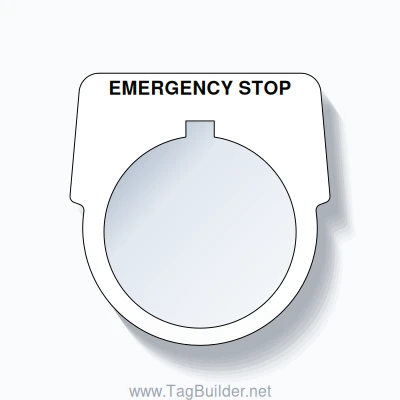 30mm Ring Tag – EMERGENCY STOP, Single-Line Harmony 9001K, Allen-Bradley Compatible, Black on White