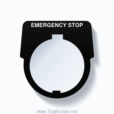 30mm Ring Tag – EMERGENCY STOP, Single-Line Harmony 9001K, Schneider Electric Compatible, White on Black (#2)