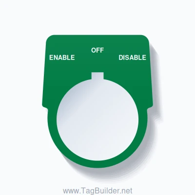 30mm Ring Tag – ENABLE OFF DISABLE, Three-Line Harmony 9001K, Allen-Bradley Compatible, White on Green