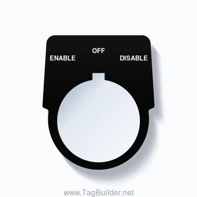 30mm Ring Tag – ENABLE OFF DISABLE, Three-Line Harmony 9001K, Allen-Bradley Compatible, White on Black