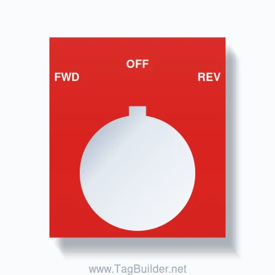 30mm Ring Tag – FWD OFF REV, Three-Line 800T Square, Allen-Bradley Compatible, White on Red