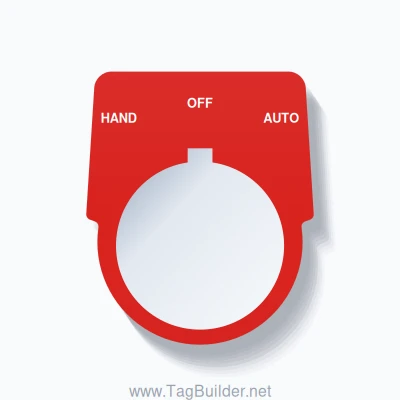 30mm Ring Tag – HAND OFF AUTO, Three-Line Harmony 9001K, Allen-Bradley Compatible, White on Red