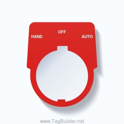 30mm Ring Tag – HAND OFF AUTO, Three-Line Harmony 9001K, Schneider Electric Compatible, White on Red