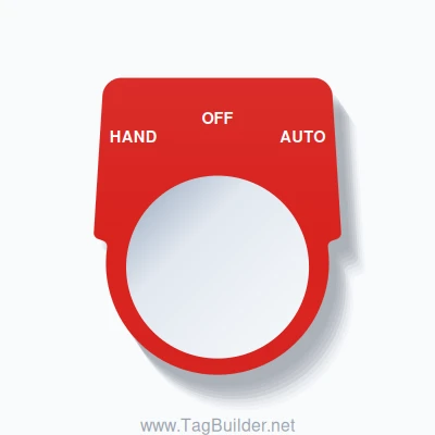 30mm Ring Tag – HAND OFF AUTO, Three-Line Harmony 9001K, White on Red