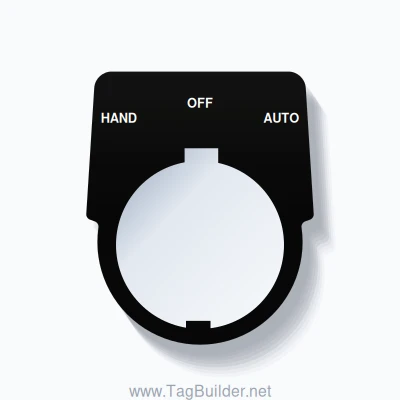 30mm Ring Tag – HAND OFF AUTO, Three-Line Harmony 9001K, Schneider Electric Compatible, White on Black