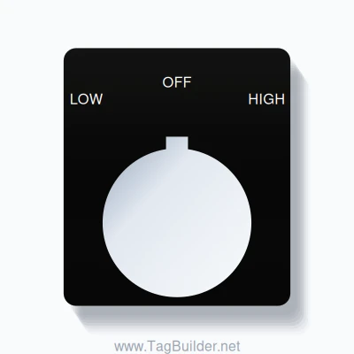 30mm Ring Tag – LOW OFF HIGH, Three-Line 800T Rounded, Allen-Bradley Compatible, White on Black