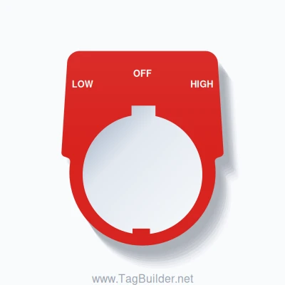 30mm Ring Tag – LOW OFF HIGH, Three-Line Harmony 9001K, Schneider Electric Compatible, White on Red