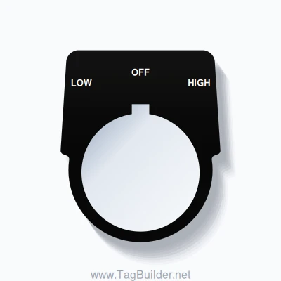 30mm Ring Tag – LOW OFF HIGH, Three-Line Harmony 9001K, Allen-Bradley Compatible, White on Black