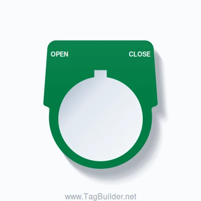 30mm Ring Tag – OPEN CLOSE, Two-Line Harmony 9001K, Allen-Bradley Compatible, White on Green