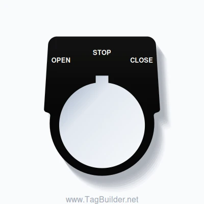 30mm Ring Tag – OPEN STOP CLOSE, Three-Line Harmony 9001K, Allen-Bradley Compatible, White on Black