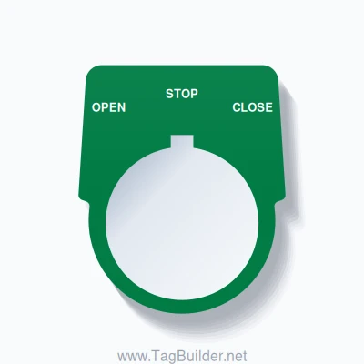30mm Ring Tag – OPEN STOP CLOSE, Three-Line Harmony 9001K, Allen-Bradley Compatible, White on Green