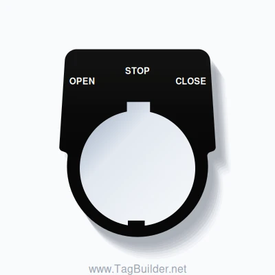 30mm Ring Tag – OPEN STOP CLOSE, Three-Line Harmony 9001K, Schneider Electric Compatible, White on Black