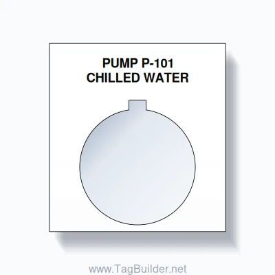 30mm Ring Tag – PUMP P-101 CHILLED WATER, Two-Line 800T Square, Allen-Bradley Compatible, Black on White