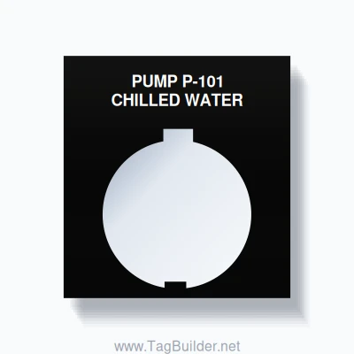 30mm Ring Tag – PUMP P-101 CHILLED WATER, Two-Line 800T Square, Schneider Electric Compatible, White on Black