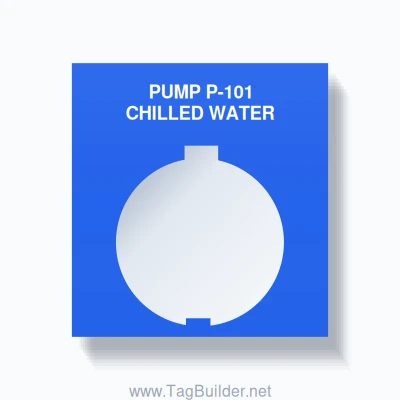30mm Ring Tag – PUMP P-101 CHILLED WATER, Two-Line 800T Square, Schneider Electric Compatible, White on Blue