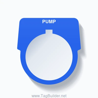 30mm Ring Tag – PUMP, Single-Line Harmony 9001K, Allen-Bradley Compatible, White on Blue
