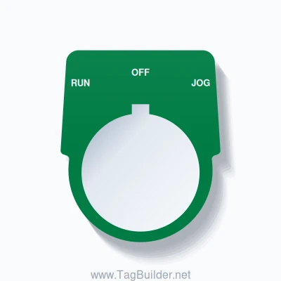 30mm Ring Tag – RUN OFF JOG, Three-Line Harmony 9001K, Allen-Bradley Compatible, White on Green