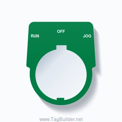30mm Ring Tag – RUN OFF JOG, Three-Line Harmony 9001K, Schneider Electric Compatible, White on Green