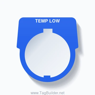 30mm Ring Tag – TEMP LOW, Single-Line Harmony 9001K, Schneider Electric Compatible, White on Blue
