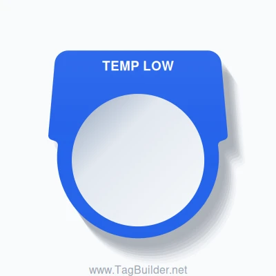 30mm Ring Tag – TEMP LOW, Single-Line Harmony 9001K, White on Blue