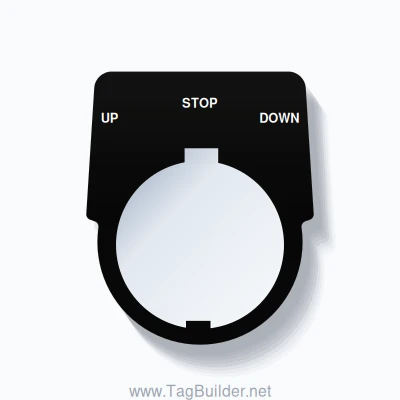 30mm Ring Tag – UP STOP DOWN, Three-Line Harmony 9001K, Schneider Electric Compatible, White on Black