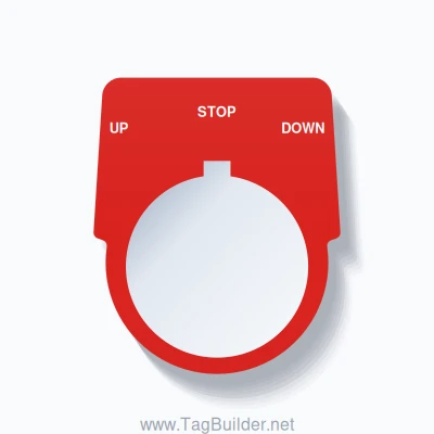 30mm Ring Tag – UP STOP DOWN, Three-Line Harmony 9001K, Allen-Bradley Compatible, White on Red