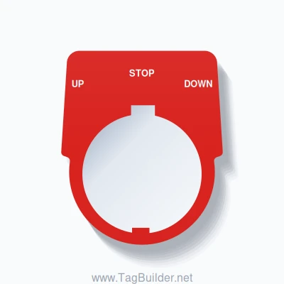 30mm Ring Tag – UP STOP DOWN, Three-Line Harmony 9001K, Schneider Electric Compatible, White on Red