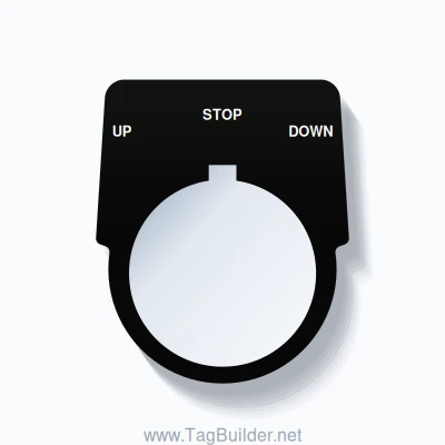 30mm Ring Tag – UP STOP DOWN, Three-Line Harmony 9001K, Allen-Bradley Compatible, White on Black